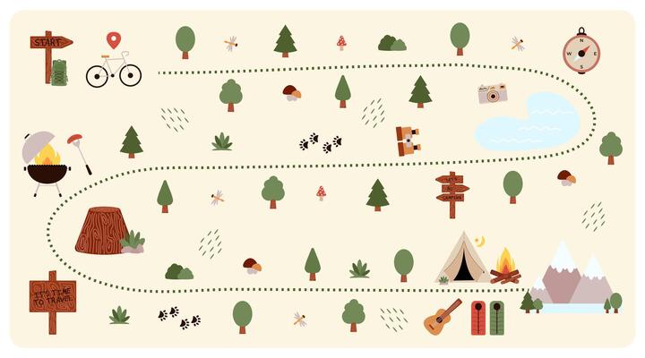 Camping and Hiking map creator. Set of flat elements for creating childrens camp activity. Nature plan with mountains, bike, trees and other icons for summer trip. illustration