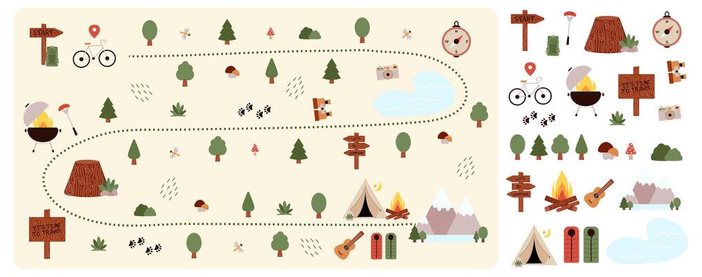 Camping and Hiking map creator and set flat elements for creating kids camp. Nature plan with mountains, bike, trees and other stickers for summer trip. illustration
