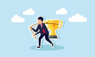 A businessman ties a trophy with a rope and lifts it to carry, illustration of maintaining business performance as the best in its field vector