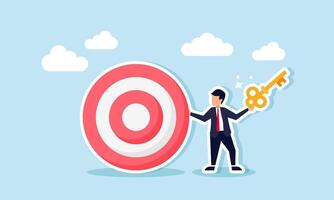 A businessman stands next to a target board holding a key, illustration of the solution to achieve business targets vector