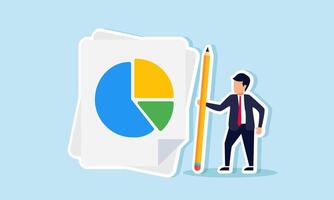 A businessman stands beside a paper with a pie chart holding a pencil, illustration of preparing a dividend distribution report vector
