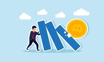 A businessman holds back falling blocks struck by a bitcoin, illustration of maintaining asset quantity and bitcoin valuation stability vector