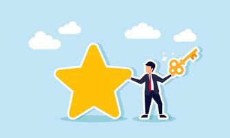 A businessman stands next to a star holding a key, illustration of the solution to achieve a good business rating vector