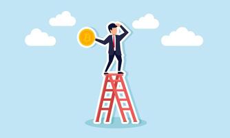 A businessman stands on a ladder holding a bitcoin, observing something, illustration of monitoring bitcoin valuation movements vector