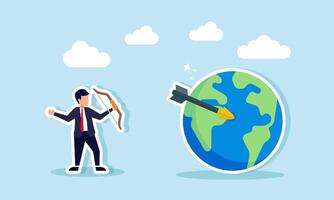 A businessman shoots an arrow at the earth with a bow, illustration of targeting to become a global-scale company and go international vector