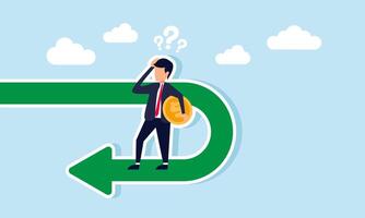 A businessman holds a dollar coin standing on a U-turn, looking confused, illustration of business profit performance and revenue suddenly dropping vector