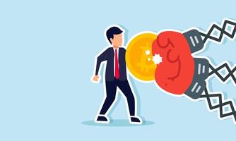 A businessman uses a shield or protection made of bitcoin to block punches from boxing gloves, illustration of stable bitcoin valuation unaffected by economic and political issues vector