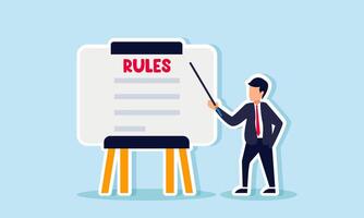 A businessman stands beside a rules board, holding a stick and explaining the rules, illustration of presenting business rules to investors vector