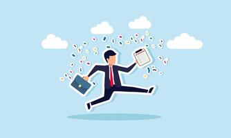 A businessman runs holding a job description board and is greeted with glitter confetti, illustration of completing business tasks vector