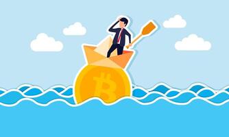 A businessman and his paper boat are stuck on a giant bitcoin in the middle of a vast ocean, illustration of bitcoin loss and stuck with a very low valuation, and solution is cut off vector
