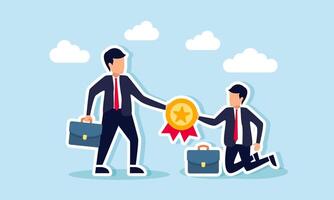 A businessman kneels to give an award medal to another businessman, illustration of a relay of awards passed to a better business vector