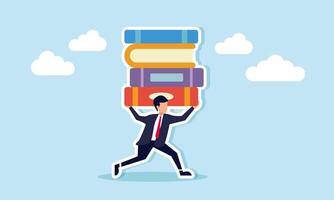 A businessman runs while holding a stack of books, illustration of completing a business project report effectively and efficiently vector