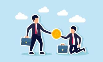 A businessman kneels to hand over bitcoin to another businessman, illustration of selling bitcoin assets to avoid loss and secure the business financial condition vector
