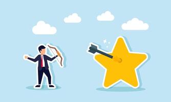A businessman shoots an arrow at a star with a bow, illustration of targeting to become a high-quality business vector