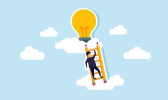 A businessman climbs a pencil ladder to reach a lit lamp in the clouds, illustration of planning and designing to obtain ideas and innovations vector