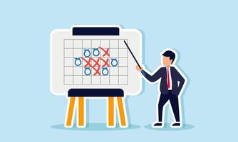 A businessman stands beside a time schedule board, holding a stick and explaining it, illustration of explaining the time schedule to the business team vector