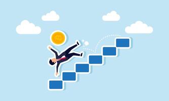A businessman slips and falls from a ladder along with bitcoin, illustration of a declining bitcoin valuation vector