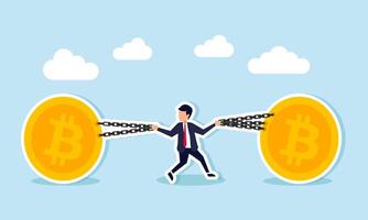 A businessman holds a chain binding a bitcoin with both hands, illustration of preserving bitcoin assets for growth and development vector