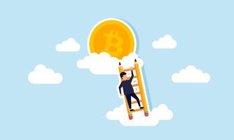 A businessman climbs a pencil ladder to reach a bitcoin in the clouds, illustration of planning and designing to accumulate bitcoin assets vector