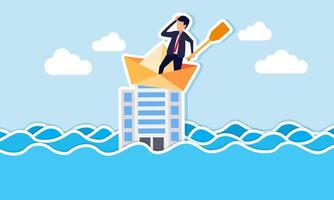 A businessman and his paper boat are stuck on a company building in the middle of a vast ocean, illustration of being trapped in a bad and toxic work system, resulting in unproductive vector