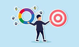 A businessman holds a target board in one hand and a circle chart labeled with people in the other, illustration of managing team task allocation to achieve business targets vector
