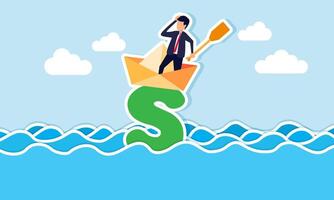 A businessman and his paper boat are stuck and stranded on a dollar sign in the middle of a vast ocean, illustration of being trapped in a financial problem or overwhelming business debt vector