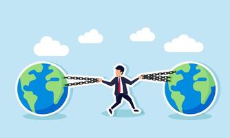 A businessman holds a chain binding a globe with both hands, illustration of keeping a business relevant with global business trends vector