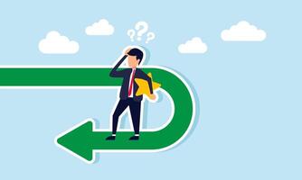 A businessman holds a star standing on a U-turn, looking confused, illustration of business rating statistics suddenly dropping vector
