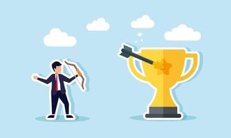 A businessman shoots an arrow at a trophy with a bow, illustration of targeting an award for excellent business performance vector