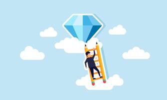 A businessman climbs a pencil ladder to reach a diamond in the clouds, illustration of planning and designing to accumulate business company assets vector