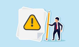 A businessman stands beside a paper with a warning exclamation mark holding a pencil, illustration of creating rules that don't violate company policies vector