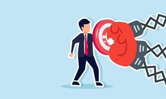 A businessman uses a shield or protection from a target board to block punches from boxing gloves, illustration of focus in achieving business goals vector
