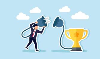 A businessman intends to plug in a power cable connecting to a trophy, illustration of the need for achievement awards for business recognition by competitors and the market vector