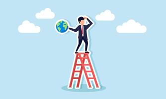 A businessman stands on a ladder holding a globe, observing something, illustration of monitoring global business trends vector