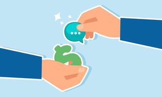 Two hands hold a chat dialog and others hold a dollar sign, intending to exchange, illustration of receiving money rewards for performance in a business concept presentation vector