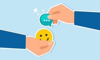 Two hands hold a chat dialog and others hold a smiling emoticon, intending to exchange, illustration of gaining positive engagement for performance in a business concept presentation vector