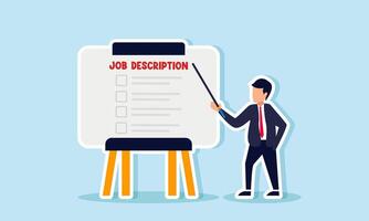 A businessman stands beside a job description board, holding a stick and explaining it, illustration of explaining the job description to new employees vector
