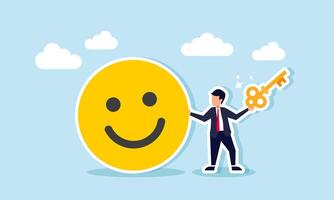 A businessman stands next to a smiling emoticon holding a key, illustration of the solution to achieve good business engagement vector