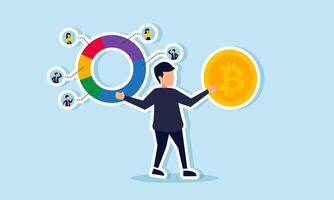 A businessman holds bitcoin in one hand and a circle chart labeled with people in the other, illustration of managing bitcoin asset dividend distribution vector