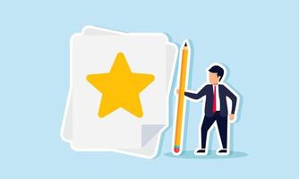 A businessman stands beside a paper with a star holding a pencil, illustration of creating a strategy to achieve a good business rating and quality vector