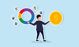 A businessman holds a dollar coin in one hand and a circle chart labeled with people in the other, illustration of managing stock asset dividend distribution vector
