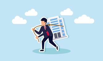 A businessman ties a company building with a rope and lifts it to carry, illustration of protecting business assets from being stolen by competitors vector