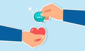 Two hands hold a chat dialog and others hold a heart, intending to exchange, illustration of receiving positive response for performance in a business concept presentation vector