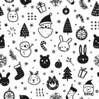Whimsical Holiday Doodle Pattern in Black and White. Seamless Christmas background vector