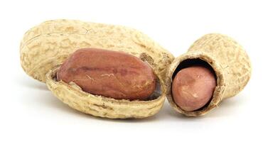 Close-Up of Shelled and Unshelled Peanuts on White Background photo