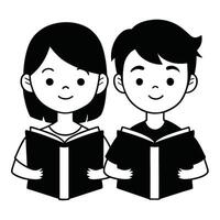 Silhouette of Boy and Girl Reading Books - Back View Design. vector