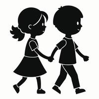 Silhouette of Two Children Walking Hand in Hand - Heartwarming Design. vector