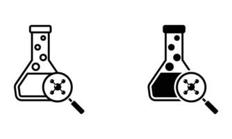 laboratory flask with magnifying glass and molecular structure icon vector