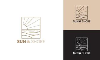 Minimalist logo design featuring a sun setting over ocean waves within a square frame. vector