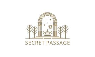 A stylized arched gateway flanked by trees, symbolizing a secret passage to celestial realms. vector